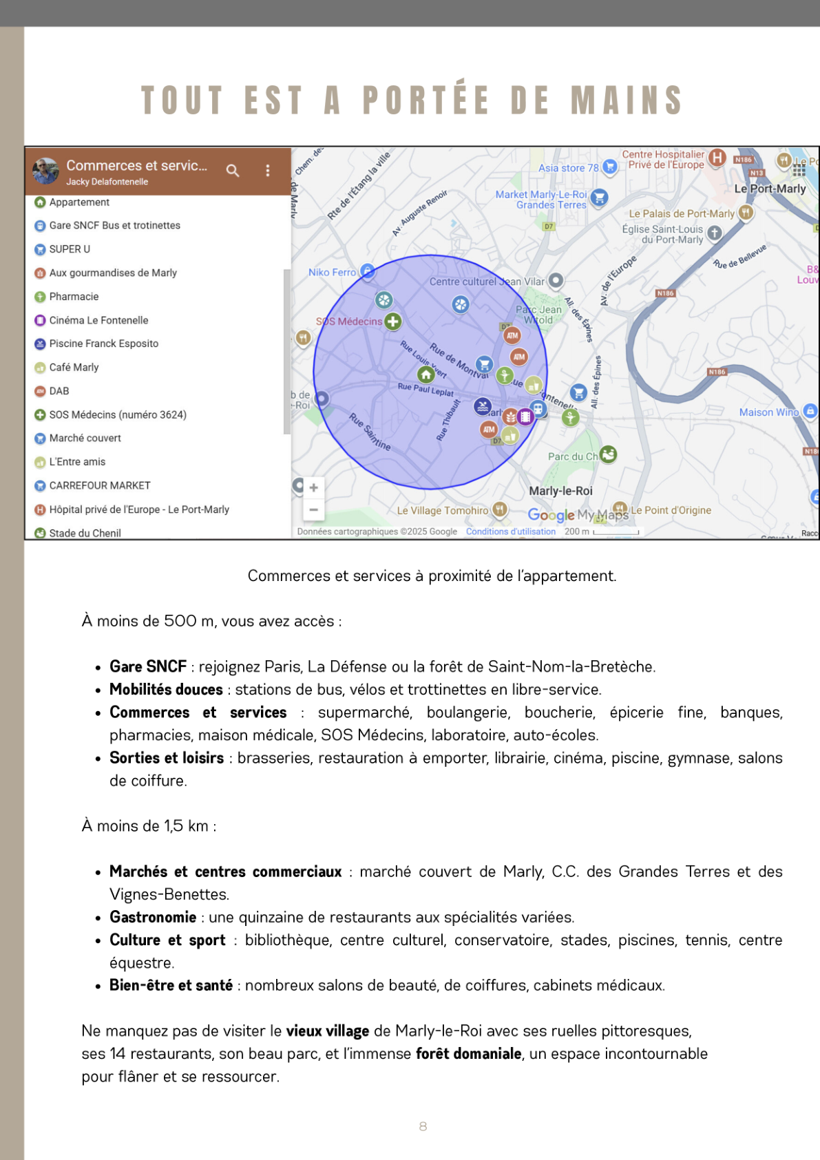 Map of shops and services within 500 m of the apartment in Marly-le-Roi